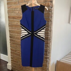 Ivanka Trump Royal Blue Sheath Dress with Black & White Geometric Trim
